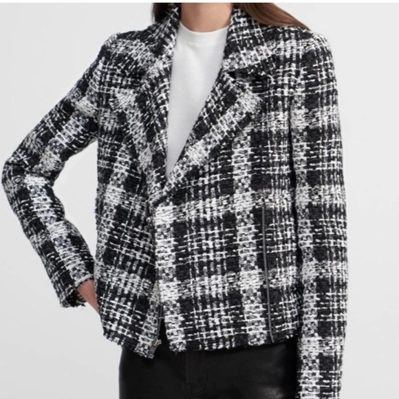 Theory tweed plaid side zip black white jacket chic preppy collared Size 4 - Picture 3 of 8